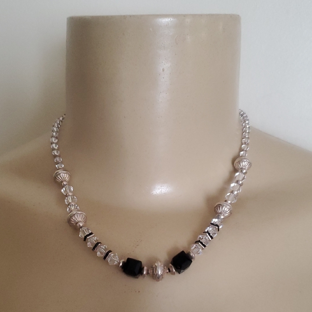 925 Sterling Ball Beads Rhinestones Faceted Cube Black Onyx Beaded Necklace 17"
